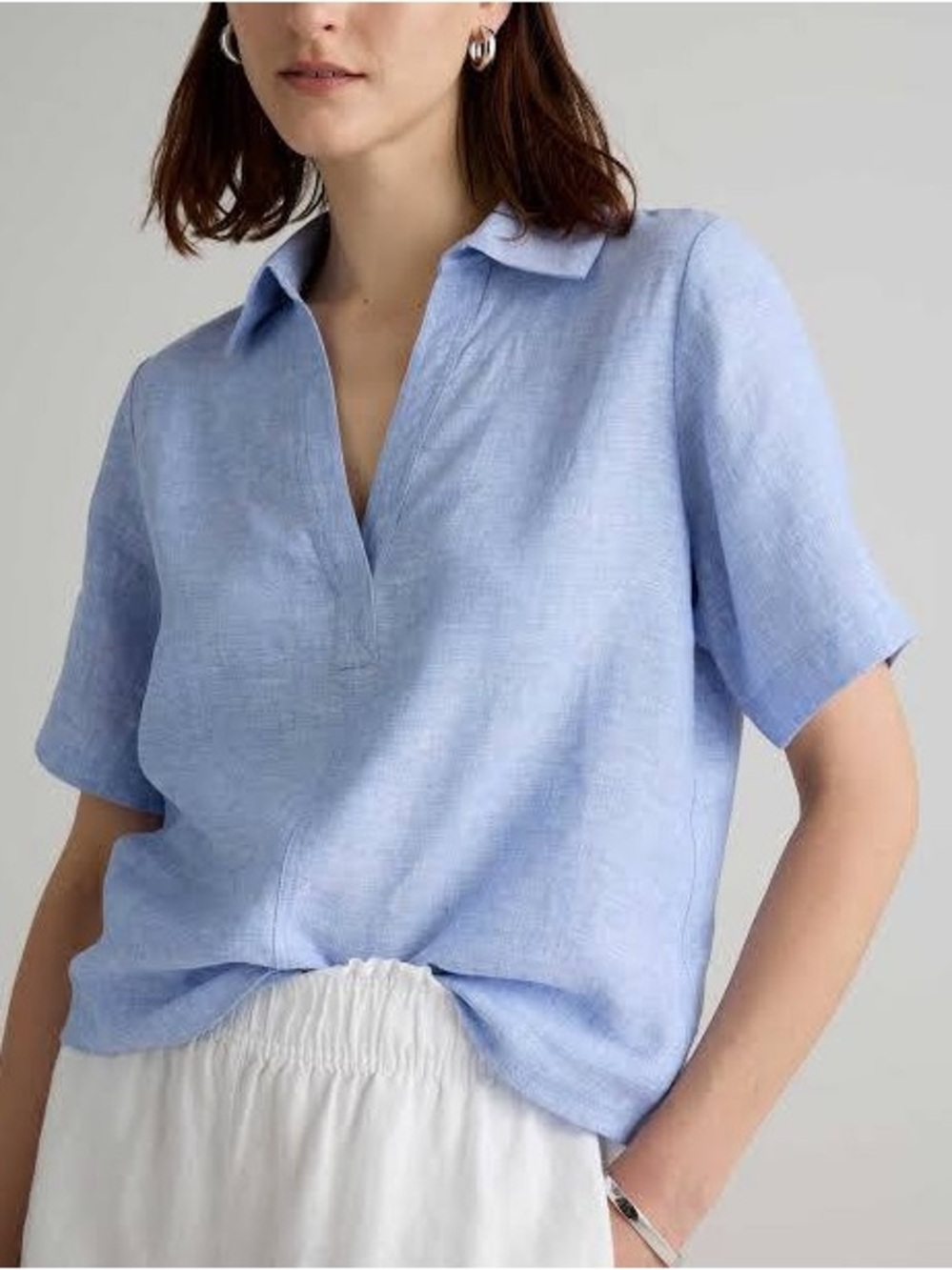 Quince 100% European Linen Short Sleeve Popover Top, French Blue, Medium